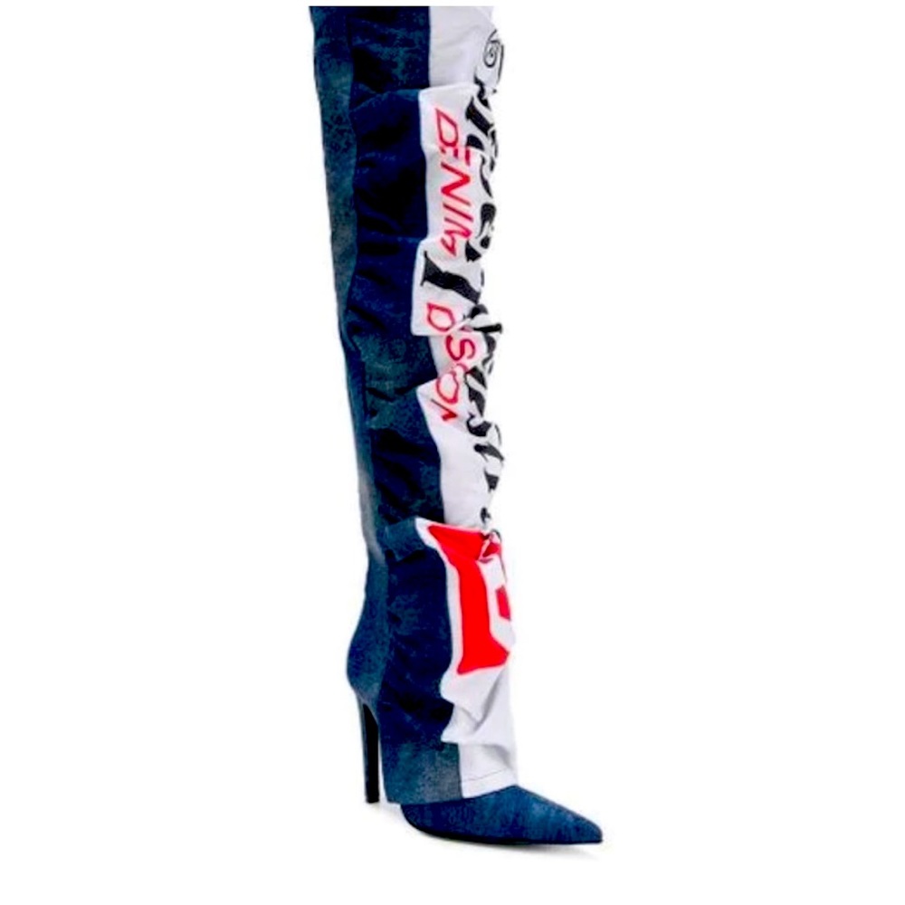 Diesel Women’s Blue Ruched Denim Over, The Knee Boots, Size 37, Never Worn